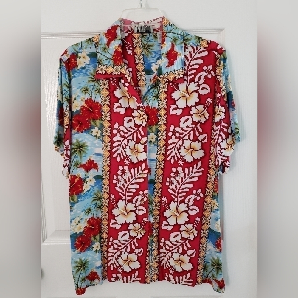 LADY ASHLEY HAWAIIAN FLORAL PRINT BLOUSE SZ L RED YELLOW BLUE